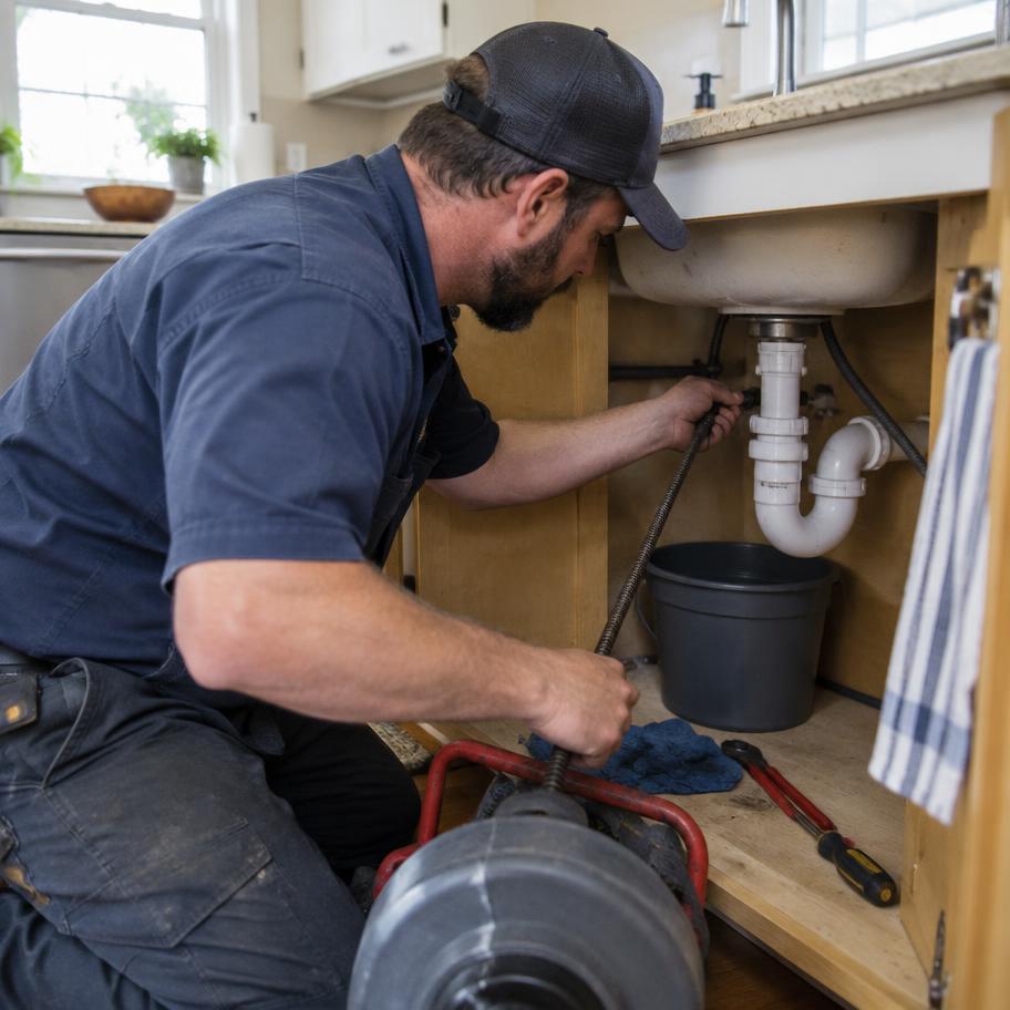 Plumber clearing a clogged kitchen sink drain