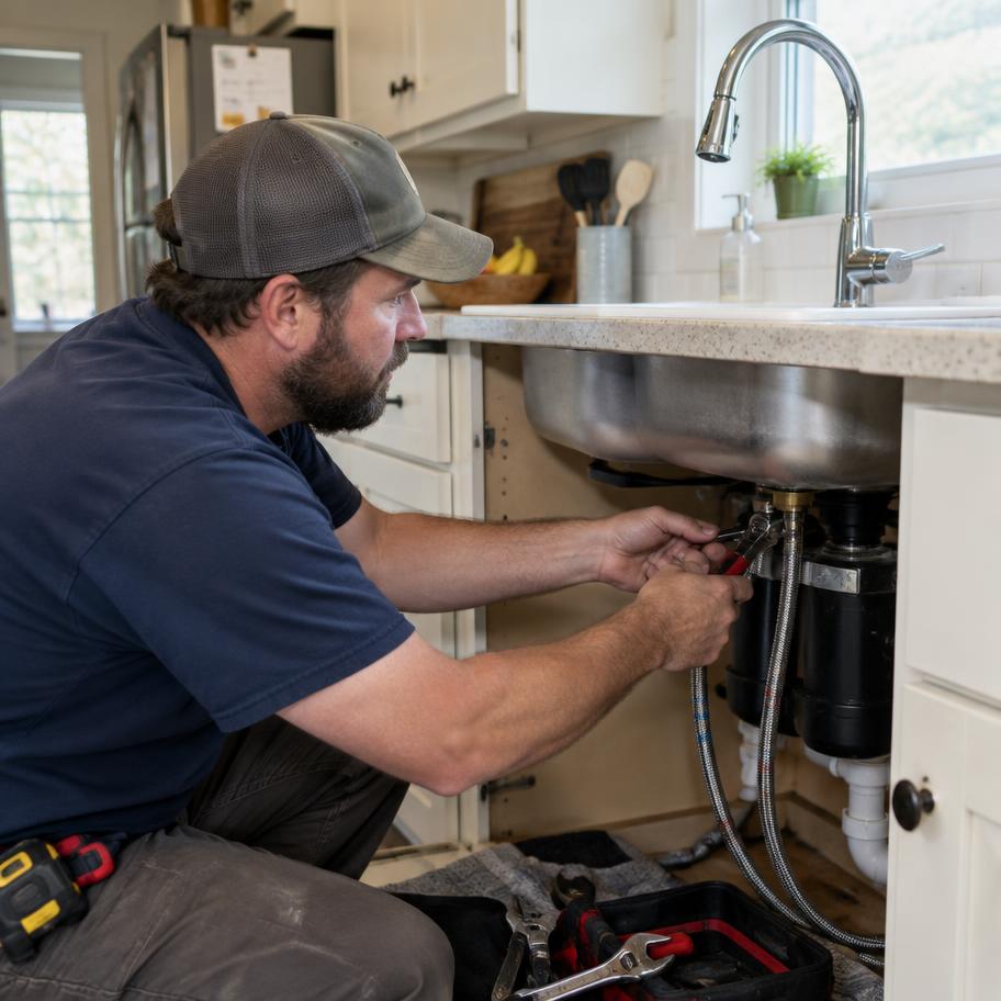 Plumber installing a kitchen faucet