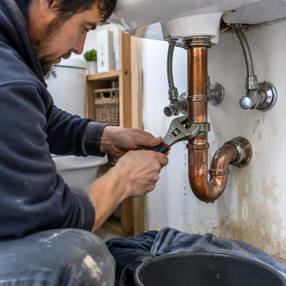 Plumber repairing a leaking pipe beneath a sink