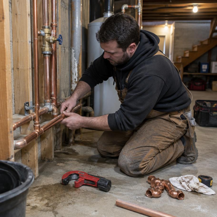 Plumber replacing copper supply lines in a basement