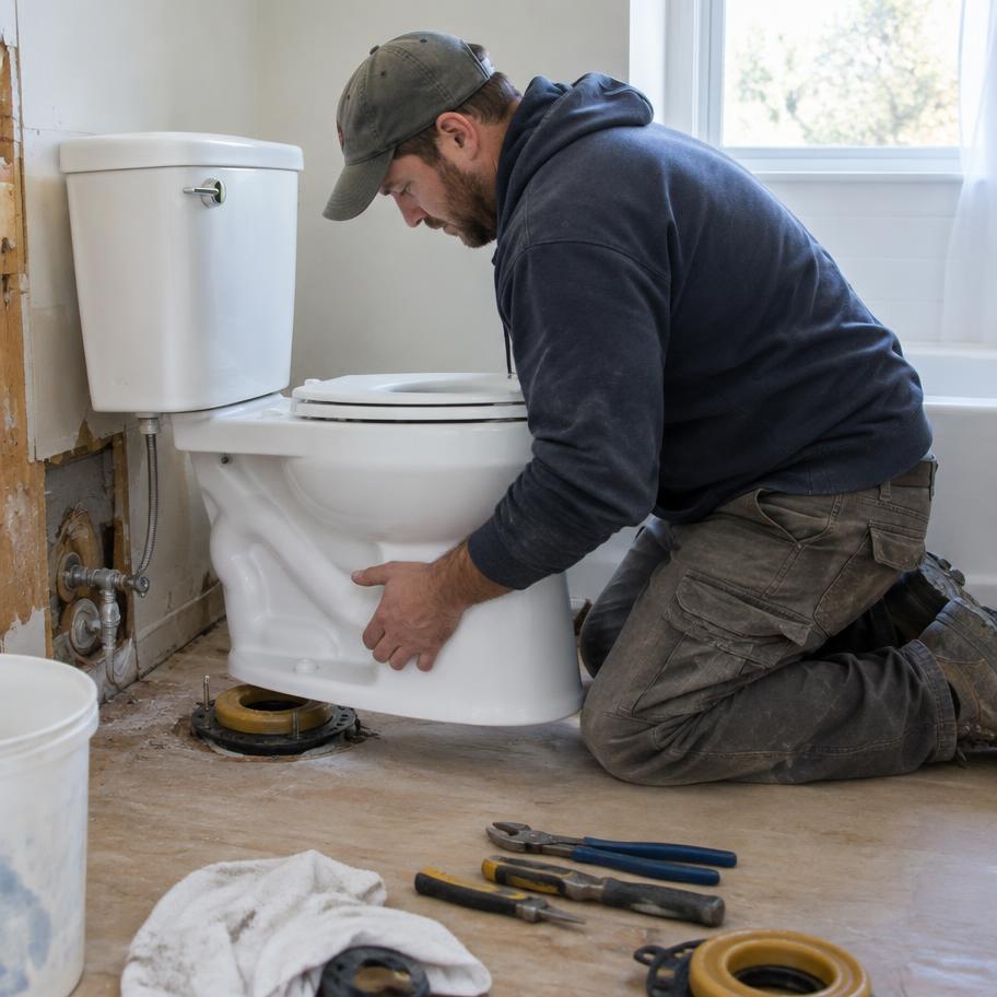 Plumber installing a toilet in a bathroom