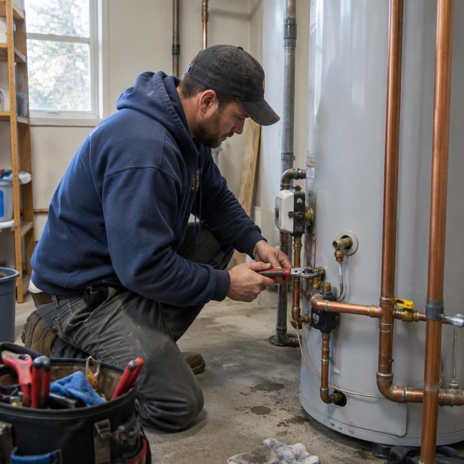 Plumber servicing a residential water heater