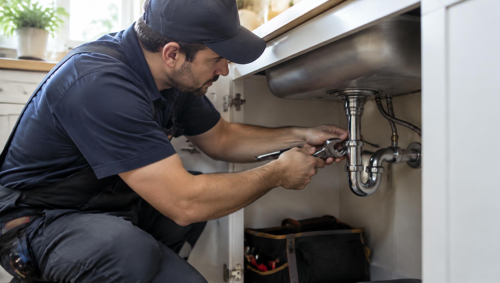 Professional plumber repairing pipes under a kitchen sink